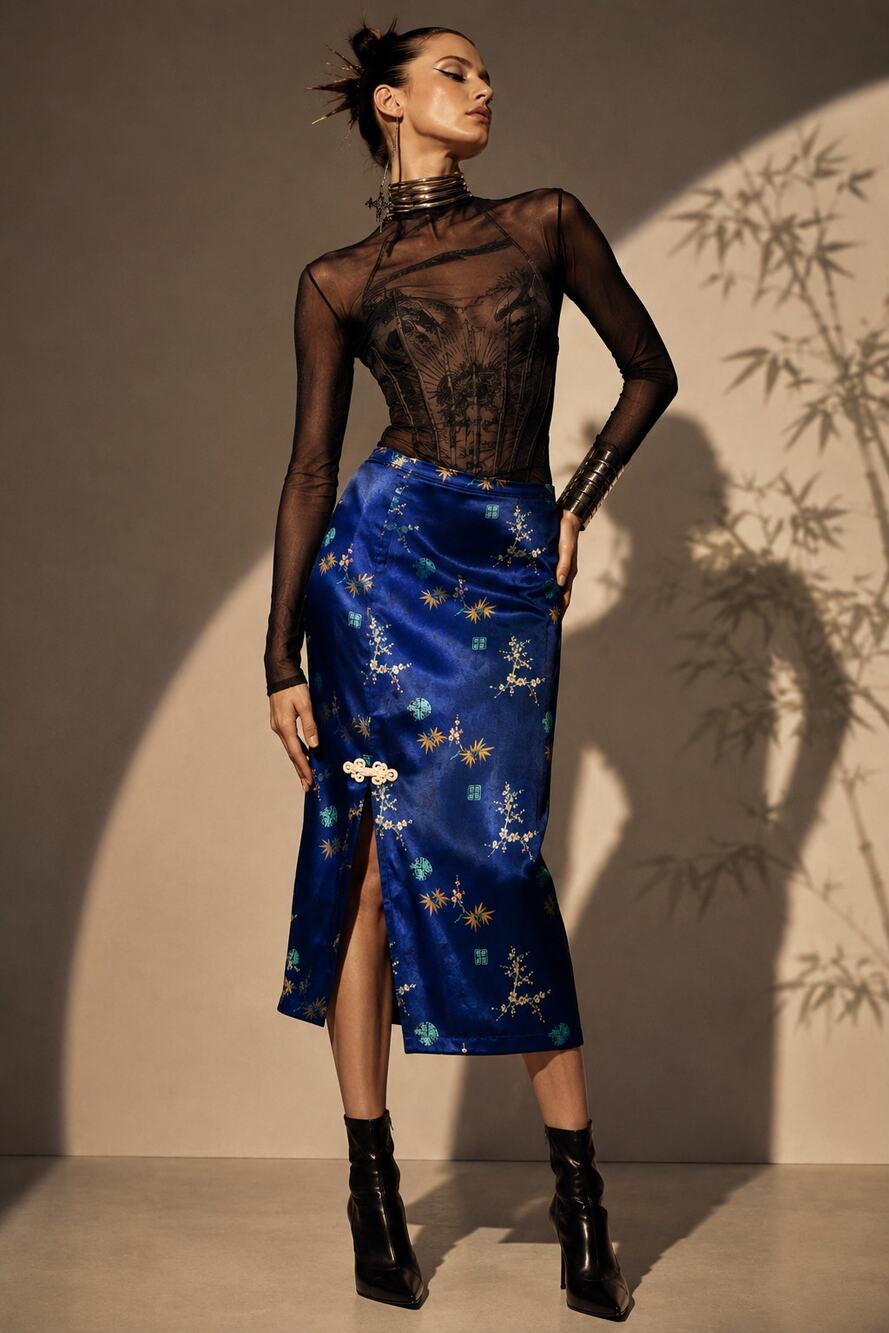 Vintage 90s SAIYAN Blue Satin Asian Chinoiserie Frog Clasp Midi Skirt M